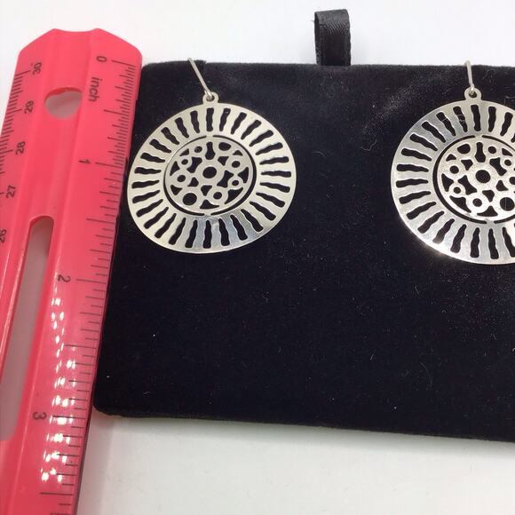 Sterling Silver Sunburst Cutout Dangle Earrings Hook 5.6g Statement Boho - Picture 10 of 13